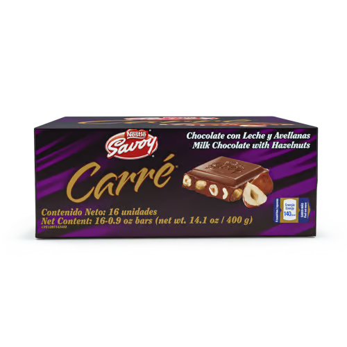 [1000008] SAVOY® CARRÉ Mini Hazelnut Milk Chocolate with Hazelnuts Display 16 Units of 25 g